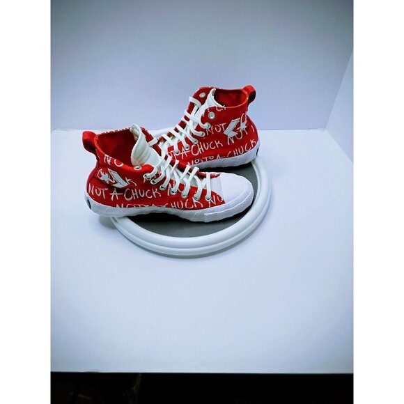 Converse Kids Red & White High Top Sneakers "Not A Chuck" Text Design Size 7 - Picture 3 of 8